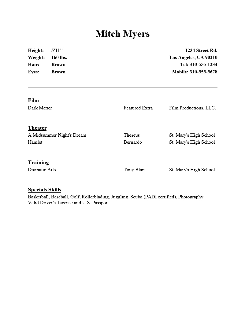 Free Acting Resume Template Examples Ms Word
