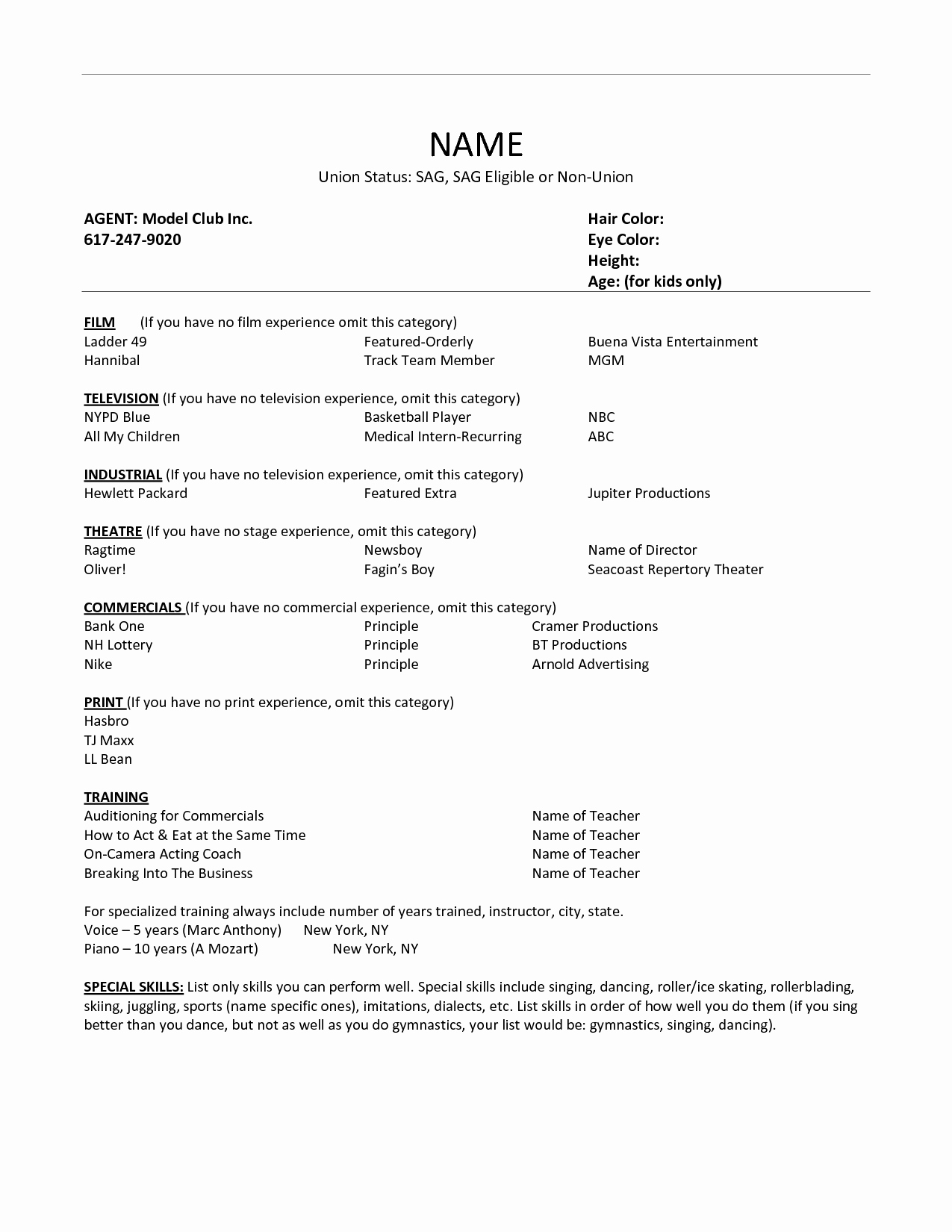 Acting Resume Sample Fresh Acting Resume No Experience Template