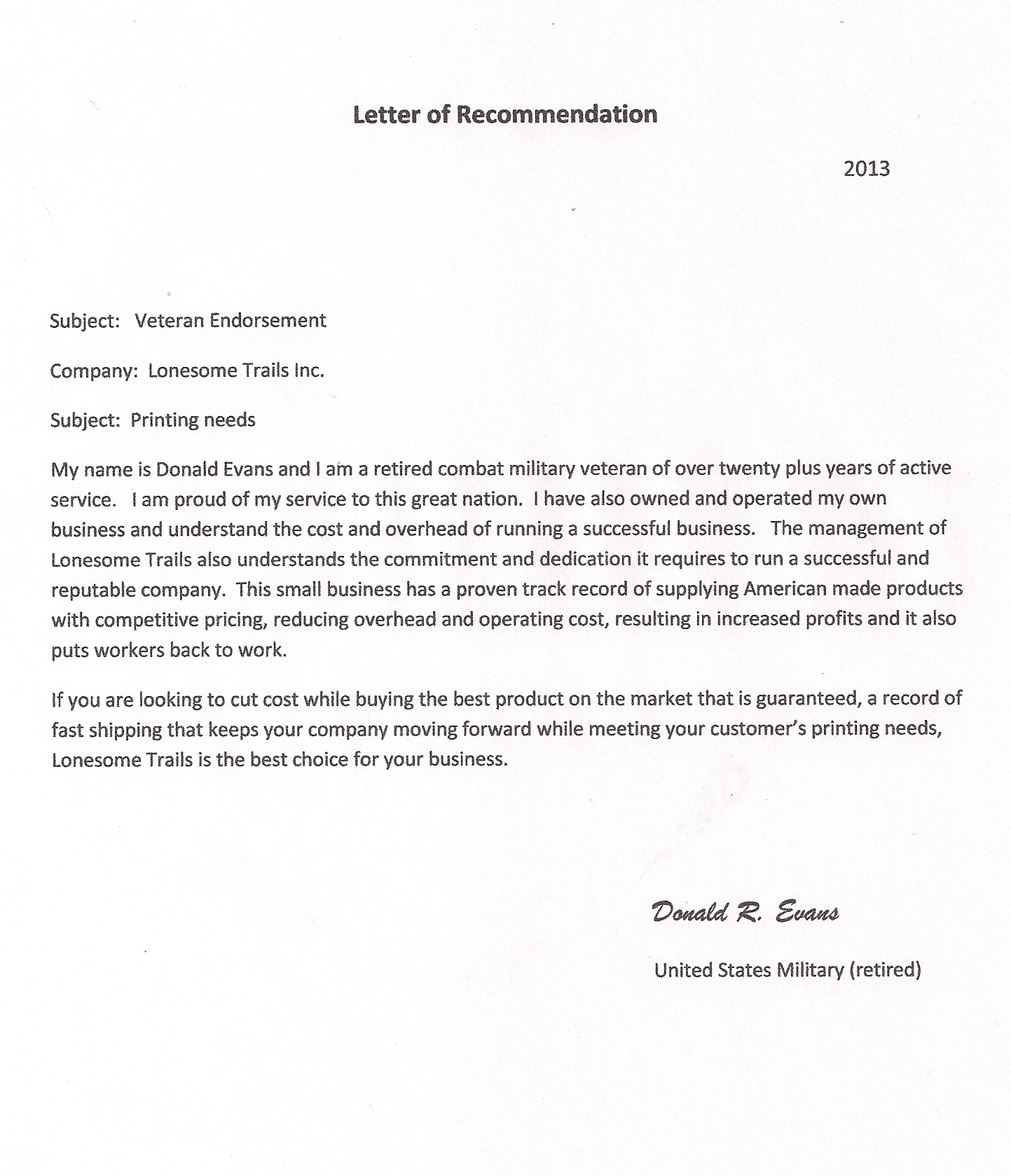 Combat Military Veteran Letter Of Recommendation