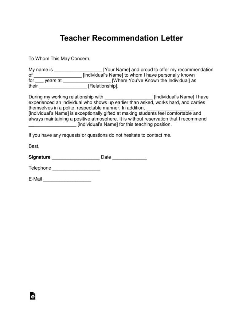 Recommendation Letter For Teacher Sample