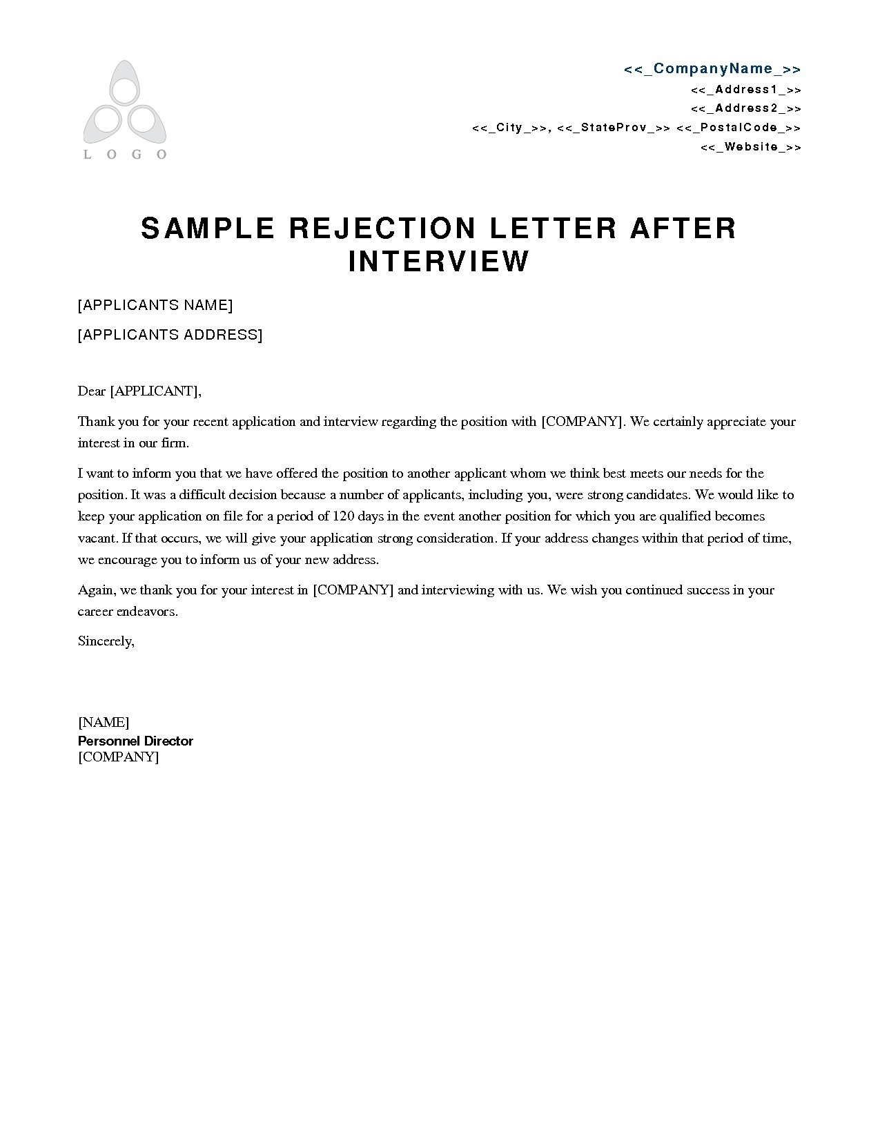 Example Rejection Letter After Interview