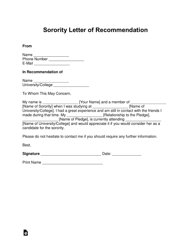 Sorority Recommendation Letter