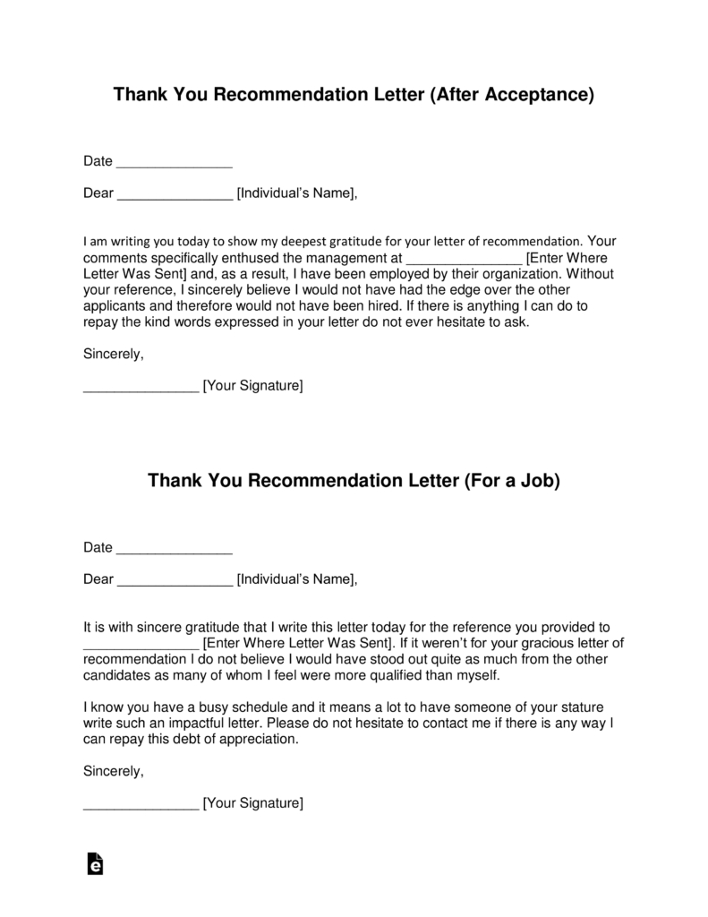 Free Thank You Letter For Recommendation Template With Samples