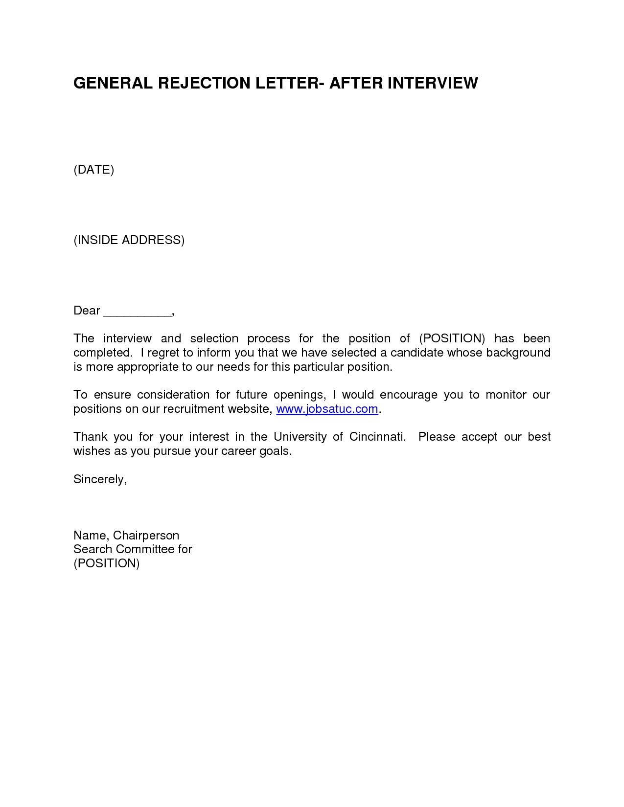 Example Rejection Letter After Interview