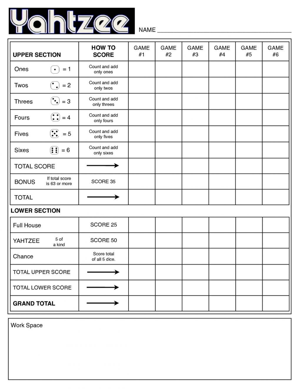 Blank Yahtzee Score Sheets