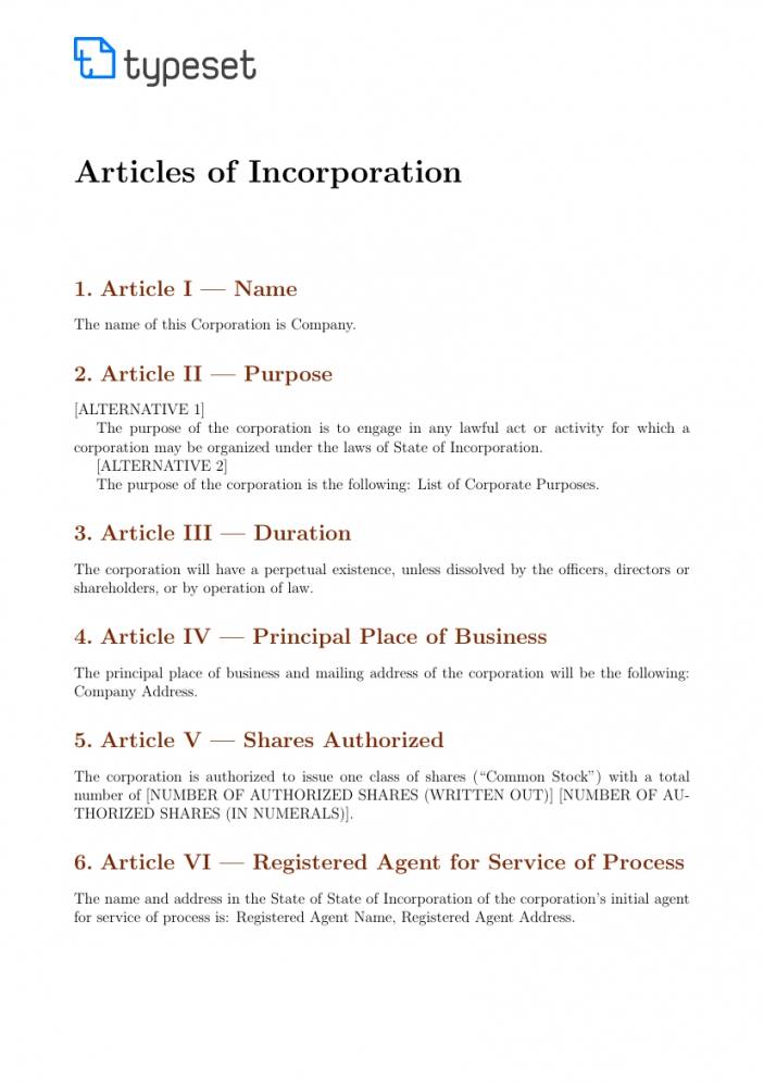 Articles Of Incorporation Example