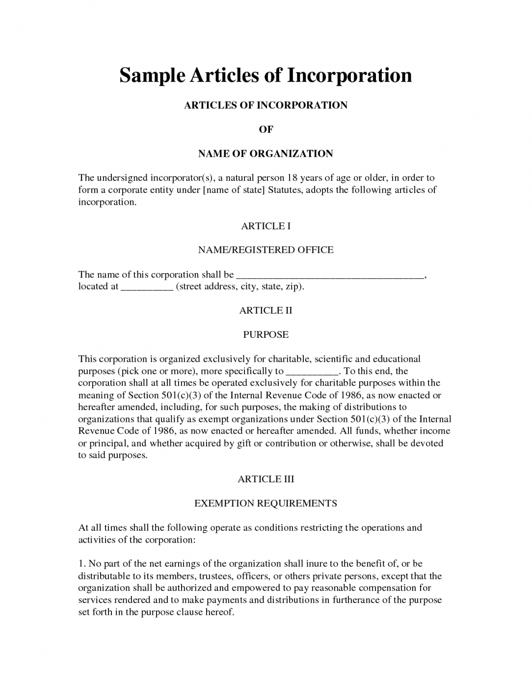 Articles Of Incorporation Example