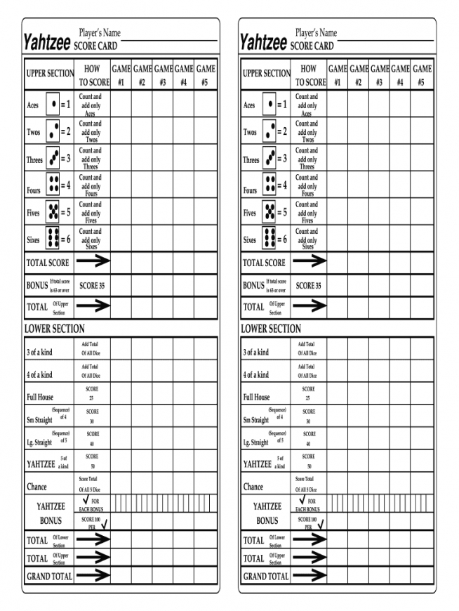 Blank Yahtzee Score Sheets