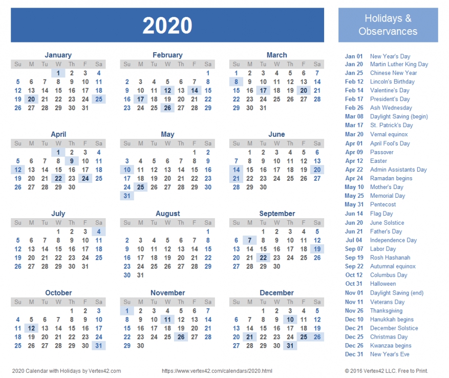 2020 Calendar Printable