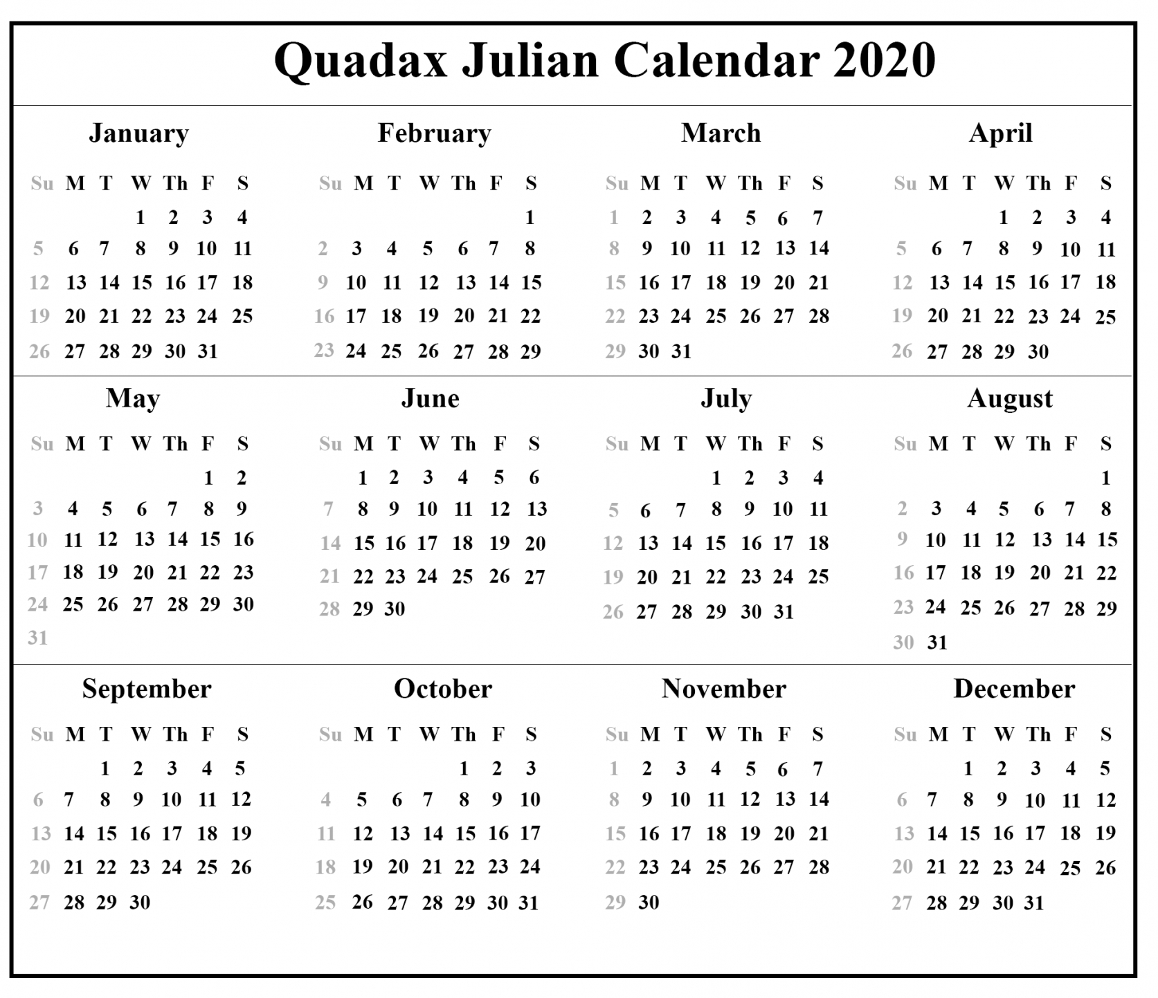 2020 Julian Calendar