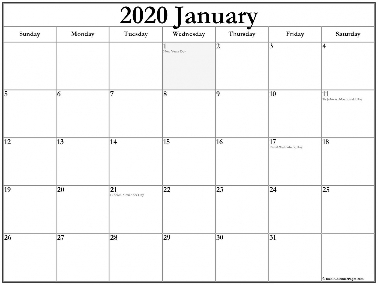 January 2020 Calendar With Holidays | Canadian Calendar