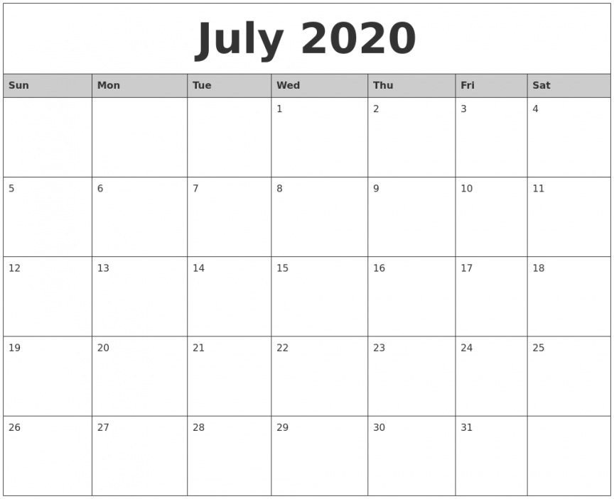 July 2020 Monthly Calendar Printable