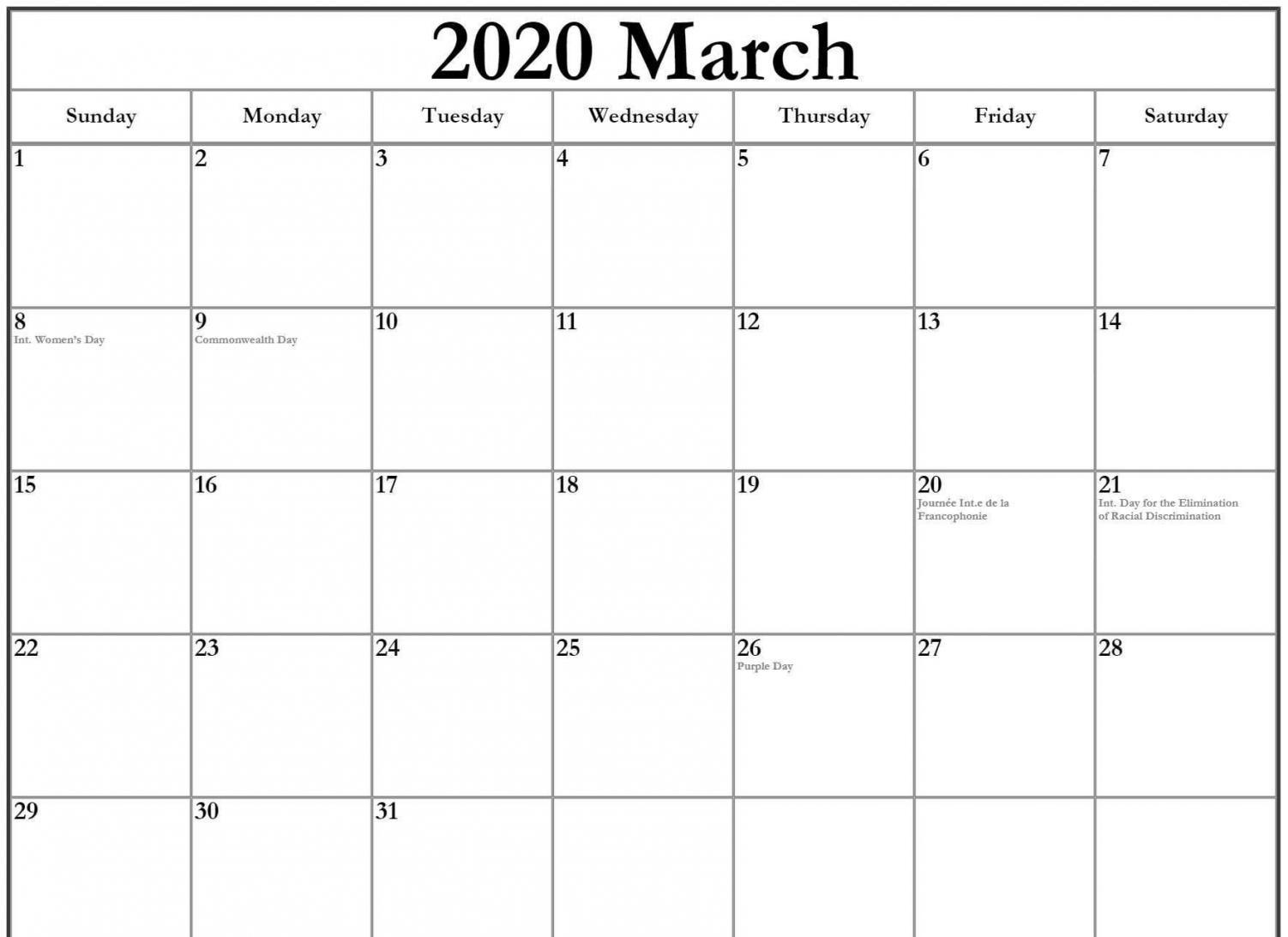 Free Printable 2020 Monthly Calendar With Canadian Holidays