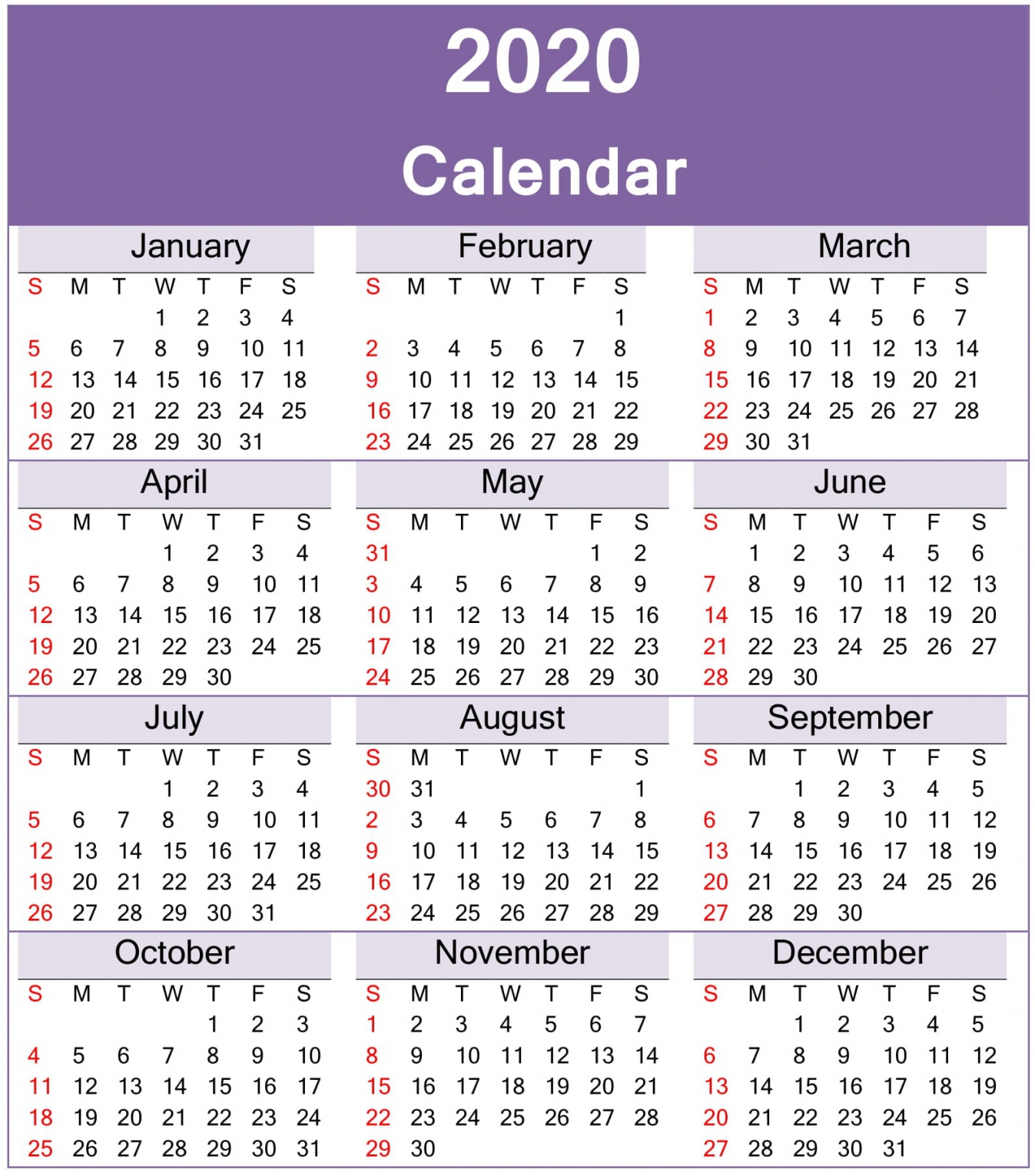 Printable 2020 Calendar One Page
