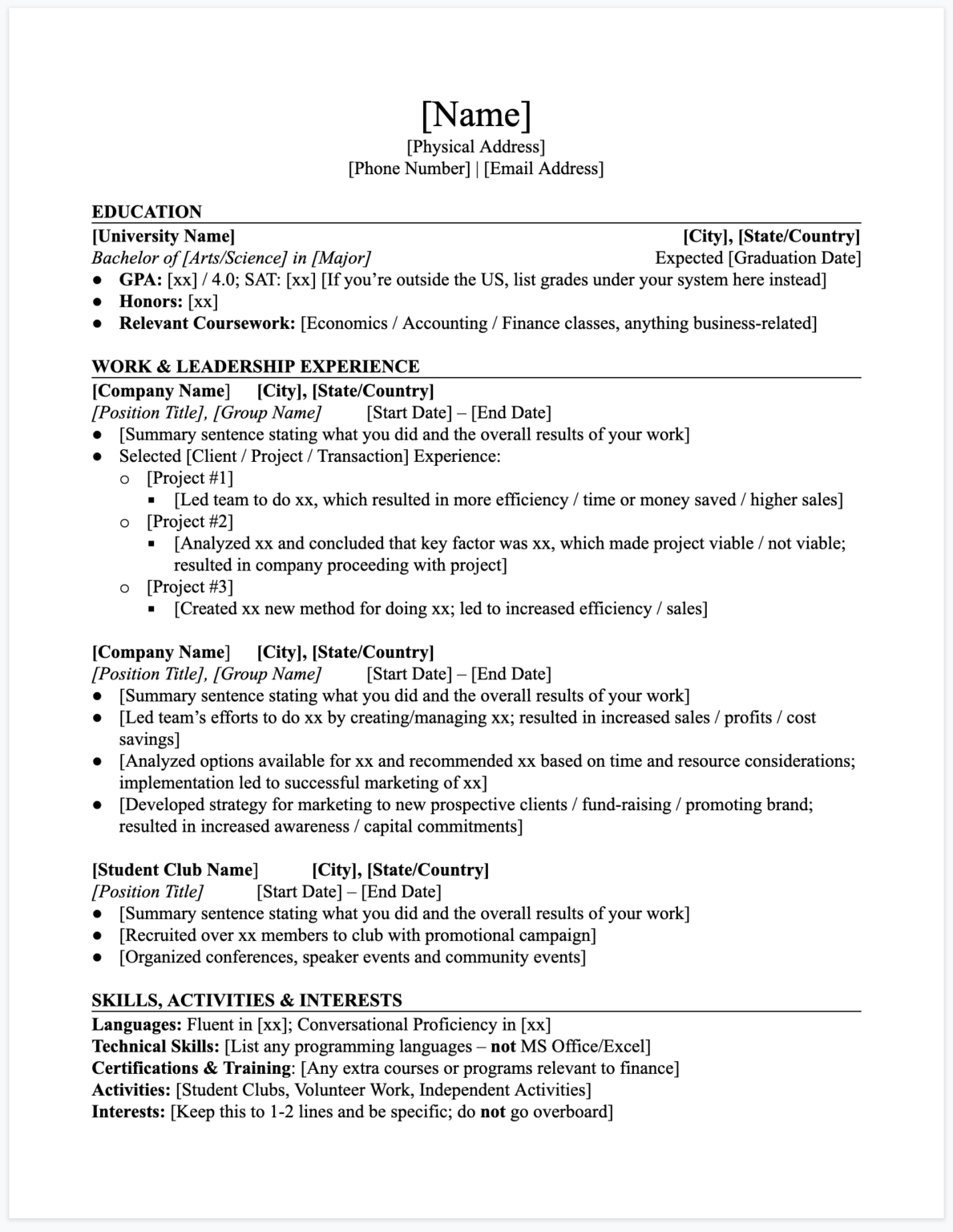resume template harvard business school