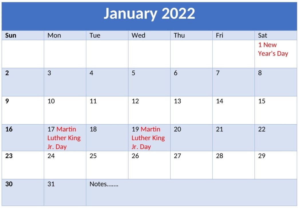 Online January 2022 Calendar With Holidays